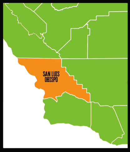 Map highlighting San Luis Obispo County in orange within California Central Coast region, surrounded by green counties map.